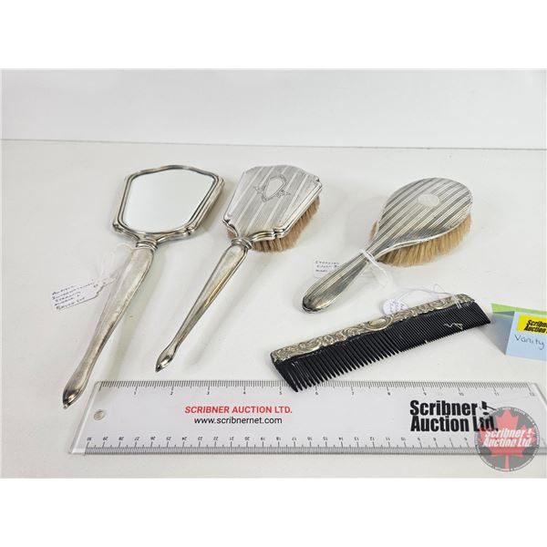 Vanity Set : Sterling Silver (4pcs) : Mirror , Brushes (2); Comb (See Consignor Tags in Pictures for