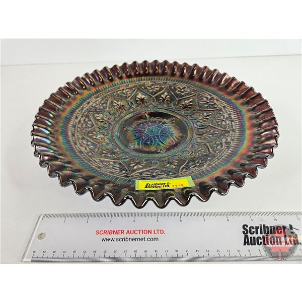 Fenton Hearts & Flowers : Black Amythest Ruffled Pedestal Carnival Glass Bowl (11" x 3")