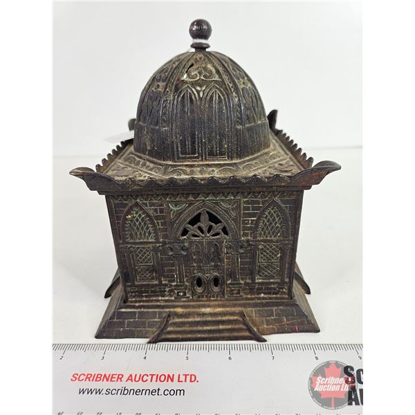 Antique Cast Iron Mechanical Mosque Bank (Working) (Consignor Tag : c.1890) (7"H x 6-1/4"W x 6-1/4"D