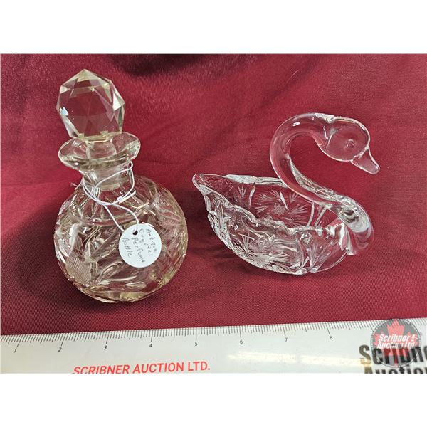 Collector Combo (2): Antique Crystal Perfume Bottle & Crystal Swan Dish (Perfume Bottle 5-1/2"H)