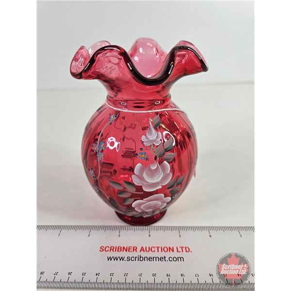 Fenton Cranberry Decorated Ivory Rose Vase : Family Signature! (5-3/4"H)
