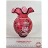Image 1 : Fenton Cranberry Decorated Ivory Rose Vase : Family Signature! (5-3/4"H)