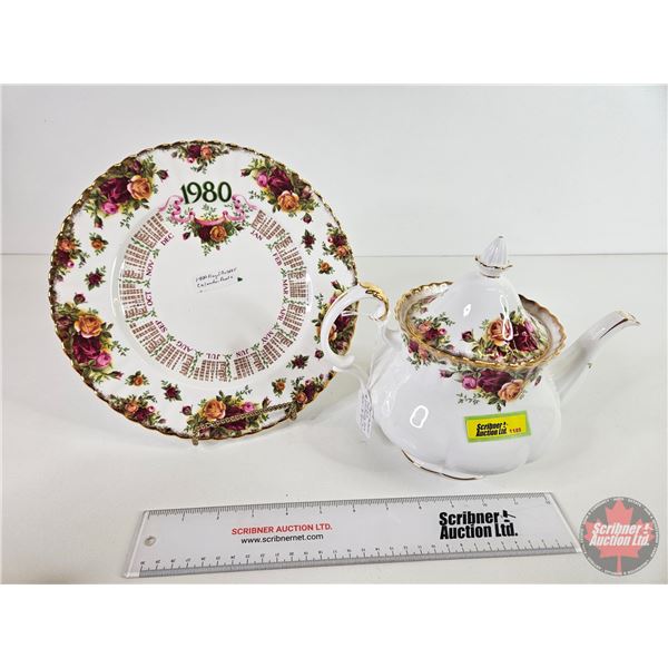 Royal Albert Combo: Old Country Roses  - Tea Pot - Calendar Plate 1980 ~ First Edition (10-1/4"Dia)