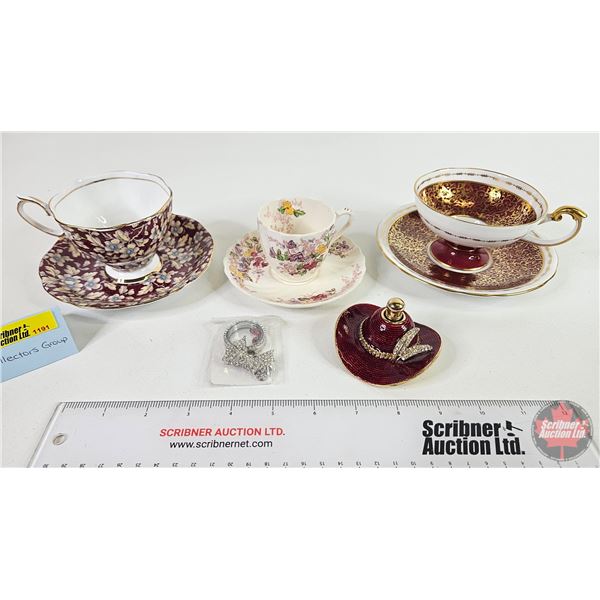 Collector Combo:  - Tea Cups & Saucers (3) (See Photos for maker Stamps) - Perfume Bottle Cowboy Hat