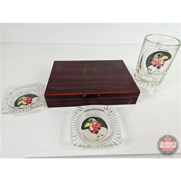 Regina Windy Flyers Beer Mug & 2 Ashtrays & Laguardia Cigar Humidor (Box : 1-3/4"H x 9-1/2"W x 7"D)