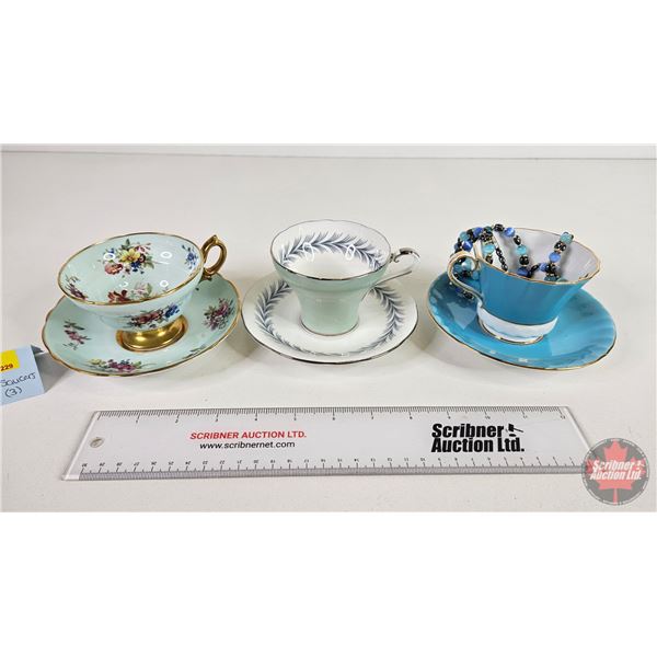 Tea Cups & Saucers (3) + Beaded Necklace & Bracelet (See Photos for maker Stamps)