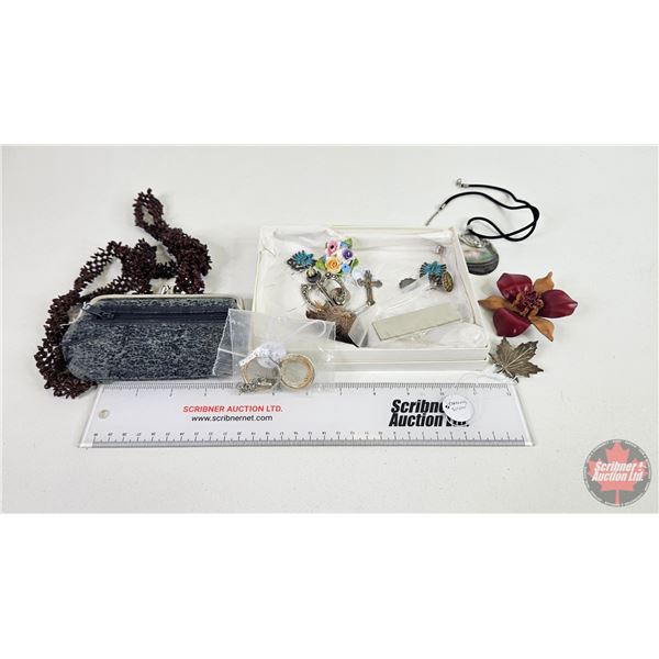 Collector Combo : Antique Leather Change Purse; Variety Vintage Jewellery; Pins; etc