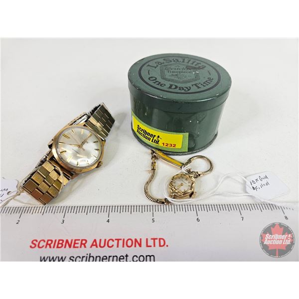 Collector Combo (3):  - Westclox Timepiece Tin (1-3/4"H x 2-3/4"Dia) - Elgin Men's Watch - Whithaun 
