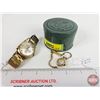 Image 1 : Collector Combo (3):  - Westclox Timepiece Tin (1-3/4"H x 2-3/4"Dia) - Elgin Men's Watch - Whithaun 