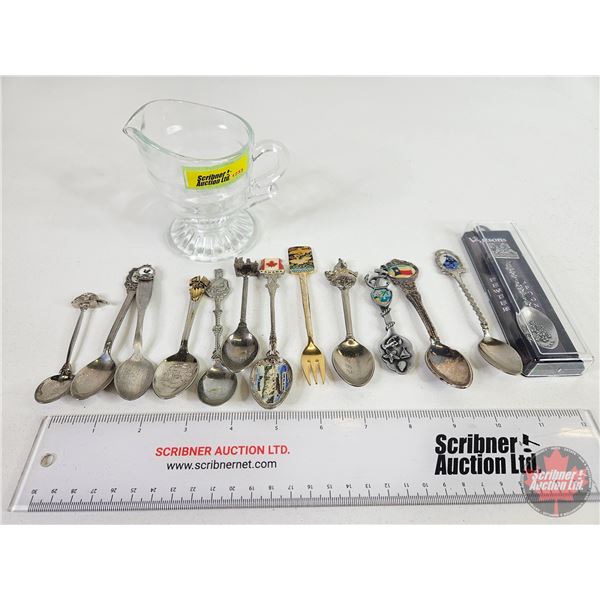 Collector Spoons (Variety) & Clear Glass Creamer