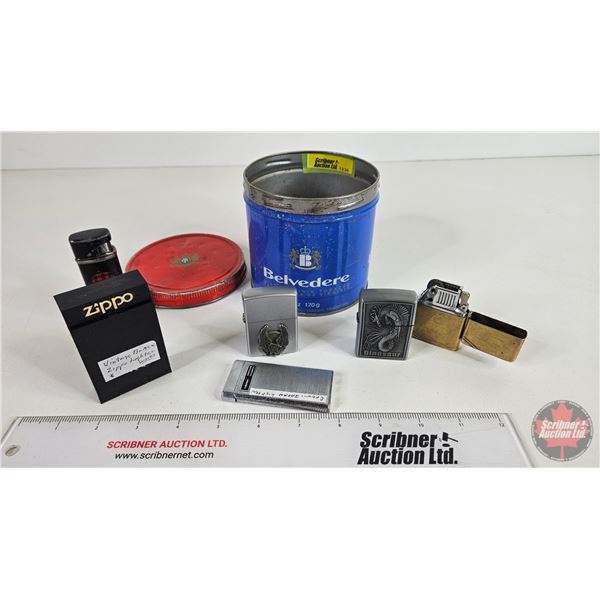 Collectors Combo : 6 Lighters & 1 Tobacco Tin (4"H x 4-1/2"Dia)