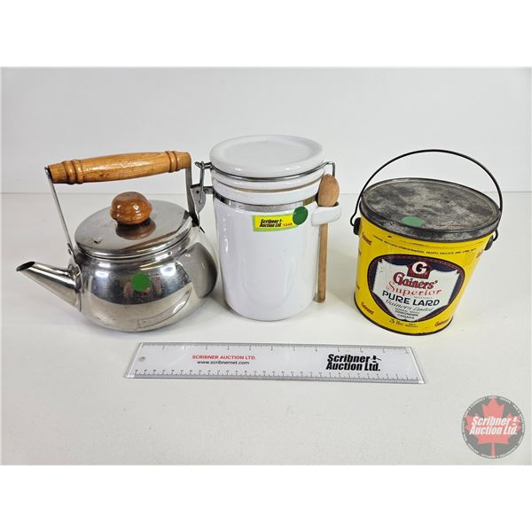 Tea Pot, Glass Cannister & Lard Pail