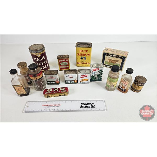 Confectionary Collectibles (15pcs) including Blue Ribbon Mustard Tin, Magic Baking Powder Tin, Empre