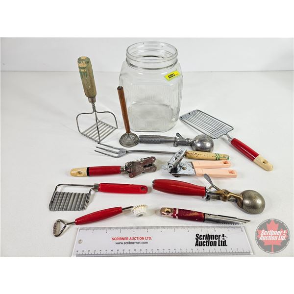 Vintage Kitchen Utensils (11pcs) w/Glass Jar