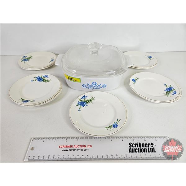 Corning Ware Casserole Dish w/Lid & Small Plates (8)