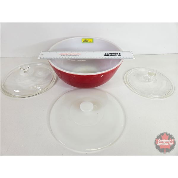 Pyrex No 1 Mixing Bowl (4Qt) c/w Casserole Dish Lids (3)