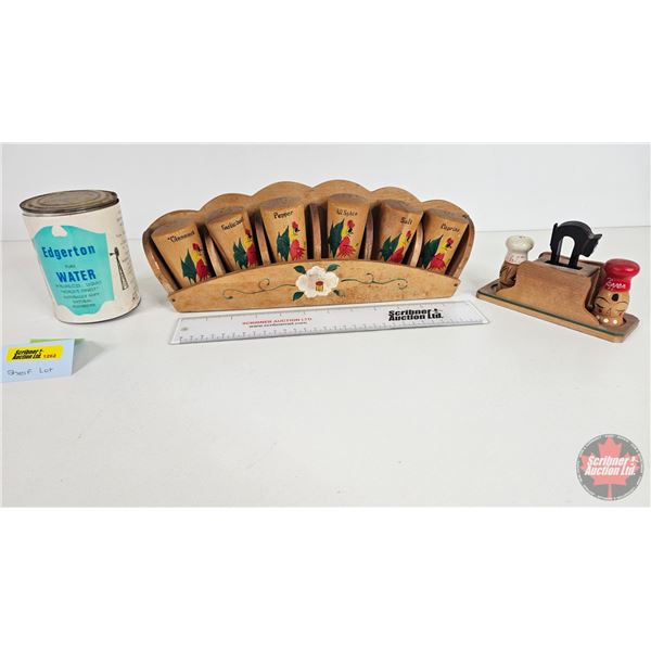 Collector Combo : Wooden Spice Rack, Salt & Pepper Shakers, and Can of Pure Drinking Water (from Edg