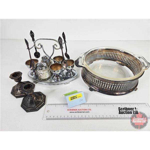 Silverplated Casserole Dish, Candle Stick Holders & Vintage Egg Cup/Condiment Set