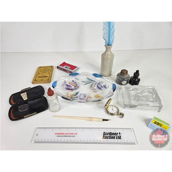 Vintage Desk Collectibles including : - Ink Well - Dish - Pen & Quill  - Spectacles - Opera Glasses