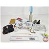 Image 1 : Vintage Desk Collectibles including : - Ink Well - Dish - Pen & Quill  - Spectacles - Opera Glasses