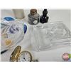 Image 6 : Vintage Desk Collectibles including : - Ink Well - Dish - Pen & Quill  - Spectacles - Opera Glasses