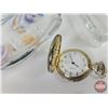 Image 8 : Vintage Desk Collectibles including : - Ink Well - Dish - Pen & Quill  - Spectacles - Opera Glasses