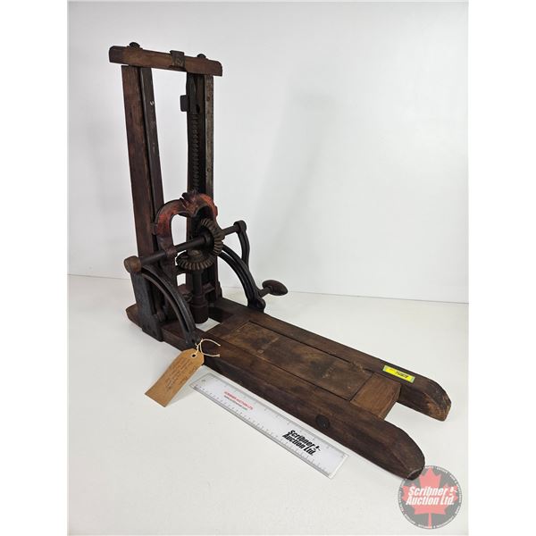 Antique Drill Press  (Consignor Tag: For Drilling Holes for wooden dowel pins when building Log Buil
