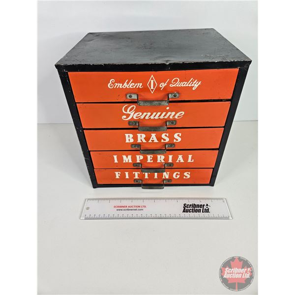 Vintage Genuine Brass Imperial Brass Fittings Metal Parts Cabinet (5 Drawer) (11-1/2"H x 11-1/4"W x 