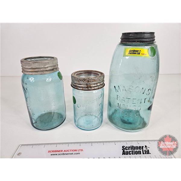 Aqua Canning Jars (3) : Masons, Improved Crown & Improved Gem