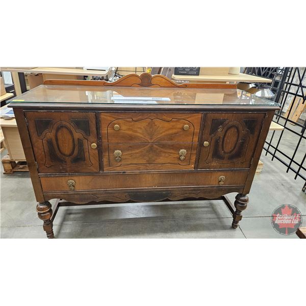 Vintage Jacobean-Style Sideboard/Buffet w/Glass Top & Trestle Base
