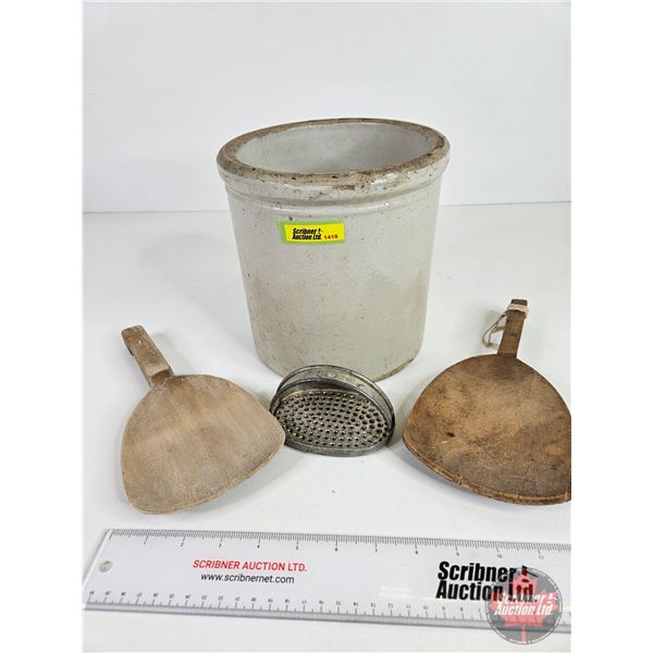 Crock w/Wooden Butter Paddles & Metal Grater