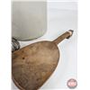Image 3 : Crock w/Wooden Butter Paddles & Metal Grater