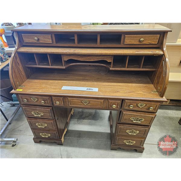 Wooden Lockable Roll Top Desk (w/Key & Hidden Compartment)