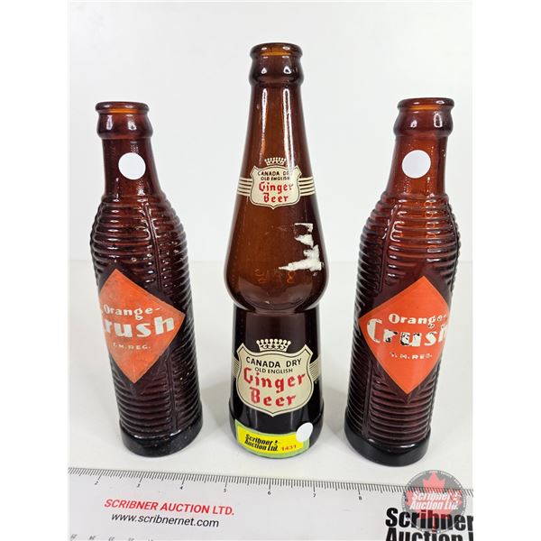 Orange Crush Bottles (Brown) (2) & Canada Dry Ginger Beer Bottle (Brown)