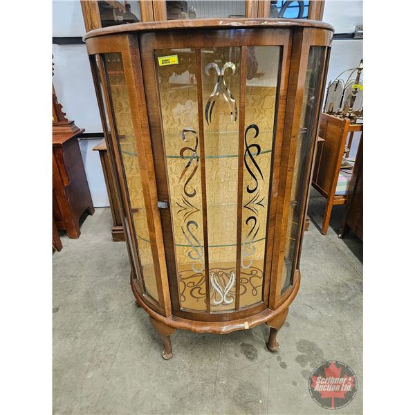 Art Deco Curved Glass Curio Cabinet w/Glass Shelves & Sliding Door