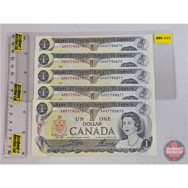 Canada $1 Bills 1973 (5 Consecutive) : Crow/Bouey #AMH7790670 - 7790674 (See Lot #522 : Close Serial