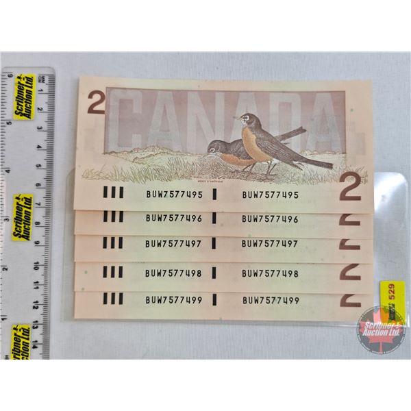 Canada $2 Bills 1986 (5 Consecutive) : Thiessen/Crow #BUW7577495 - 7577499 (See Lot #'s : 526-527-52