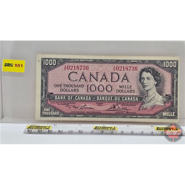 Canada $1000 Bill 1954 : Lawson/Bouey #AK0218736 (See Pics for Varieties, Conditions, Serial Numbers