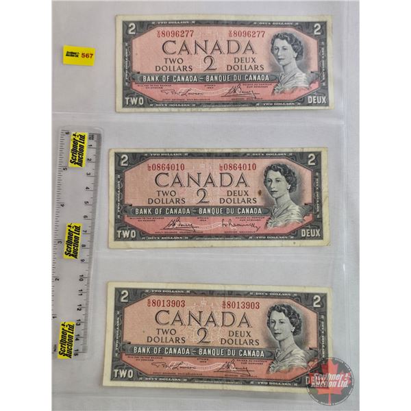 Canada $2 Bills 1954 (3) :  - Lawson/Bouey #VG8096277 - Bouey/Rasminsky #LG0864010 - Lawson/Bouey #S