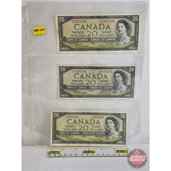 Canada $20 Bills 1954 (3): - Beattie/Rasminsky #DW1195436 - Beattie/Coyne #FE3146184 - Beattie/Rasmi