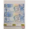 Image 2 : Canada $5 Bills 1986 (2 Consecutive) : Jenkins/Carney #APY2279312-313 (See Pics for Varieties, Condi