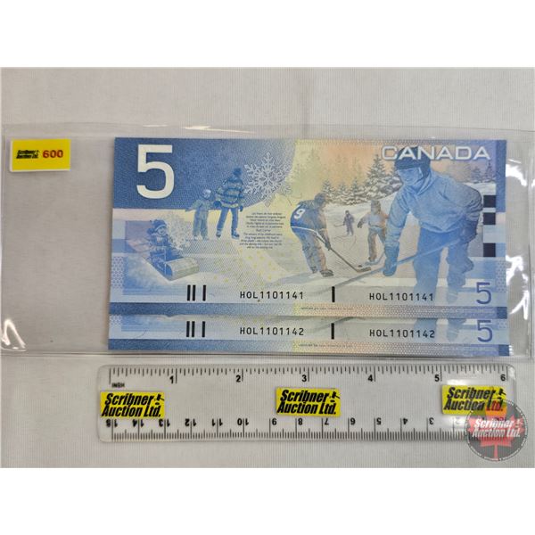 Canada $5 Bills 2002 (2 Consecutive) : Jenkins/Dodge #HOL1101141-1142 (See Pics for Varieties, Condi