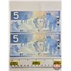 Image 2 : Canada $5 Bills 2002 (2 Consecutive) : Jenkins/Dodge #HOL1101141-1142 (See Pics for Varieties, Condi