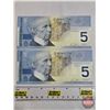 Image 3 : Canada $5 Bills 2002 (2 Consecutive) : Jenkins/Dodge #HOL1101141-1142 (See Pics for Varieties, Condi