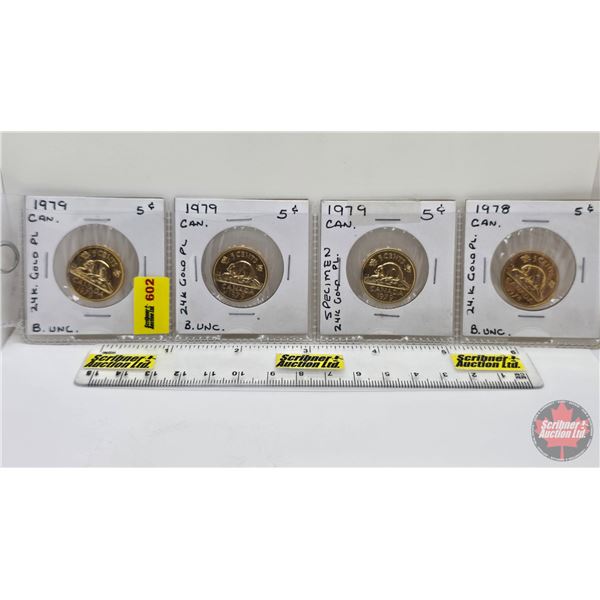 Canada Five Cent (4) : 1978; 1979; 1979; 1979  (Consignor Tag: 24K Gold Plated PL)