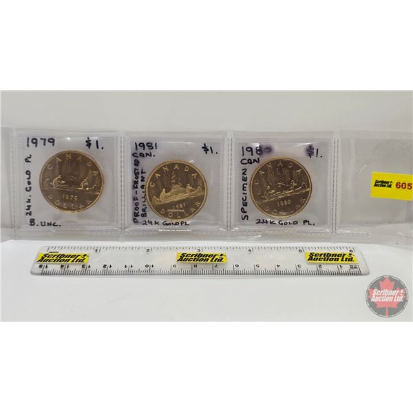 Canada One Dollar (3) : 1979; 1980; 1981  (Consignor Tag: 24K Gold Plated PL/Specimen)