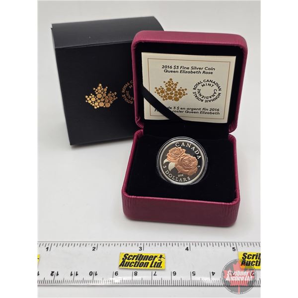 RCM Canada 2016 : $3 Fine Silver Coin : Queen Elizabeth Rose (COA #08398 : 99.99%) (GST Exempt)