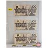 Image 1 : Canada $100 Bills 1988 (3) : - Thiessen/Crow #BJE8714574 - Thiessen/Crow #BJB5510148 - Thiessen/Crow