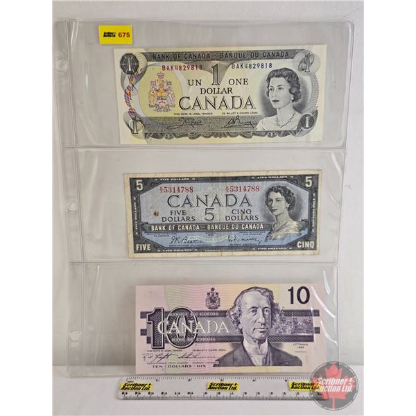 Canada Bills (3): - $1 Bill 1973 : Crow/Bouey #BAK4829818 - $5 Bill 1954 : Beattie/Rasminsky #KX5314