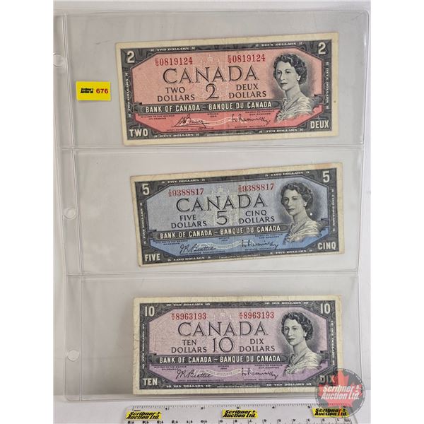 Canada Bills 1954 (3): - $2 Bill  : Bouey/Rasminsky #EG0819124 - $5 Bill  : Beattie/Rasminsky #IS938